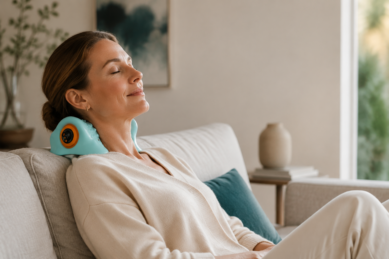 Woman using a cervical neck traction and EMS massager at home